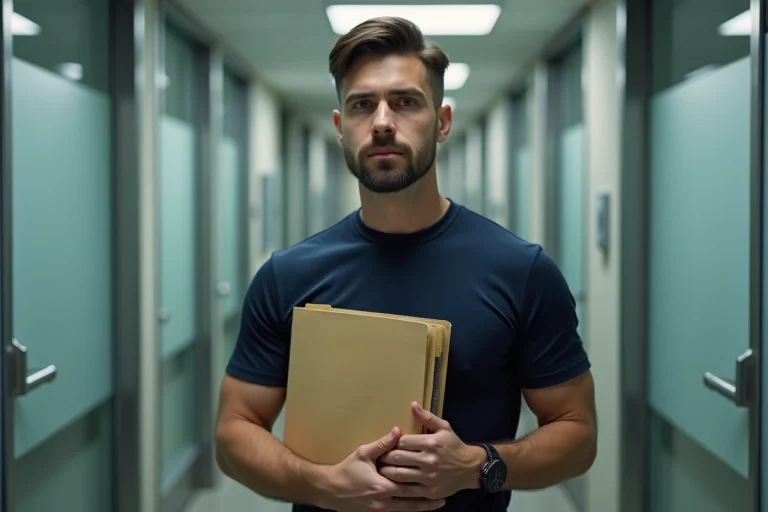 Acteur incarnant un agent NCIS en uniforme sombre tenant un dossier dans un couloir de bureau fédéral