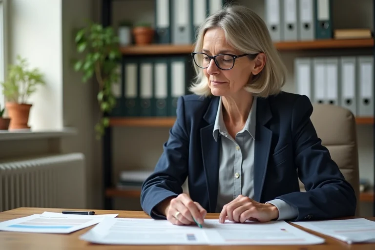 Femme agent immobilier social examinant un contrat de location et des documents de caution à son bureau