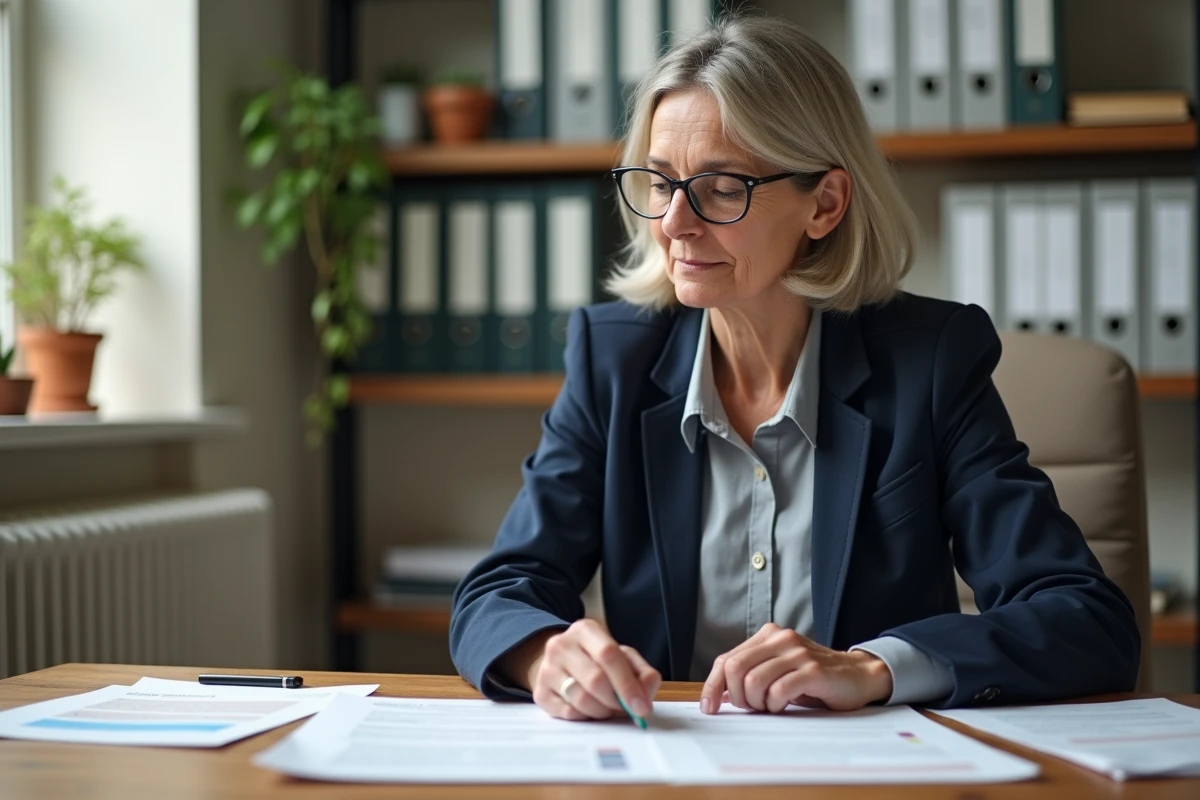 Femme agent immobilier social examinant un contrat de location et des documents de caution à son bureau
