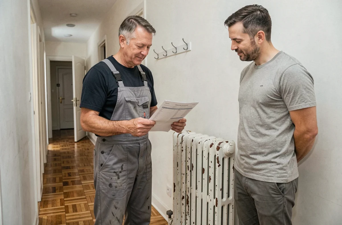 Artisan chauffagiste remettant une facture à un propriétaire après réparation du radiateur