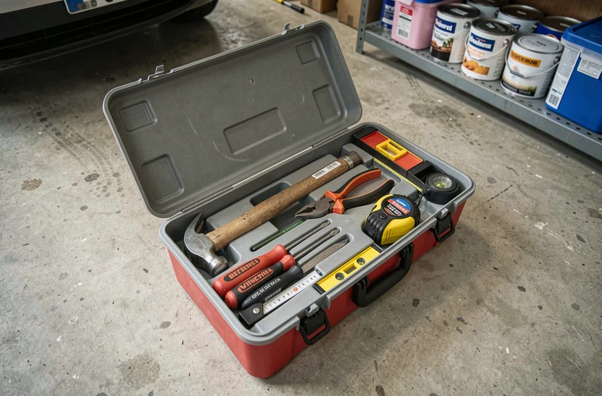 Boîte à outils ouverte bien organisée avec les outils essentiels pour débuter le bricolage à la maison