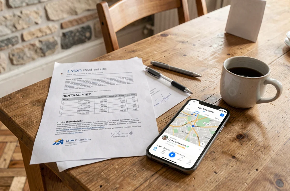 Documents de calcul de rentabilité locative posés sur une table dans un appartement lyonnais