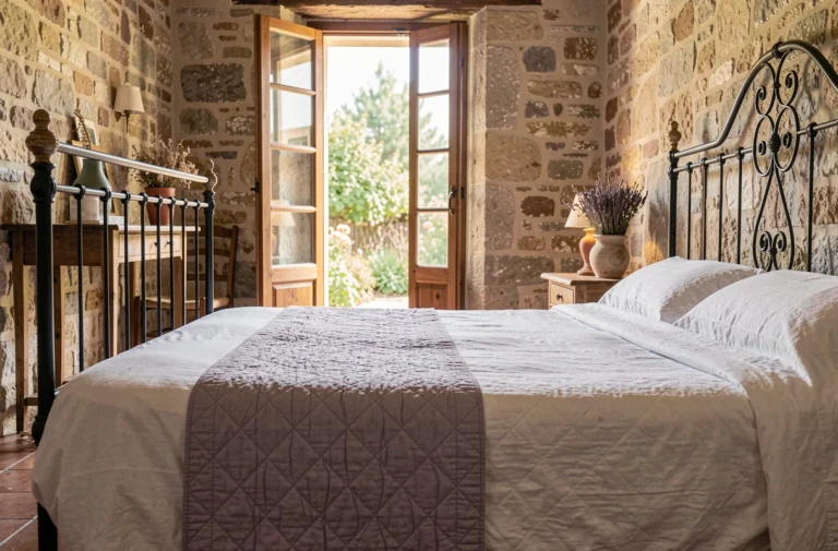 Chambre d'hôtes provençale avec lit en fer forgé, murs en pierre apparente et volets en bois ouverts sur un jardin