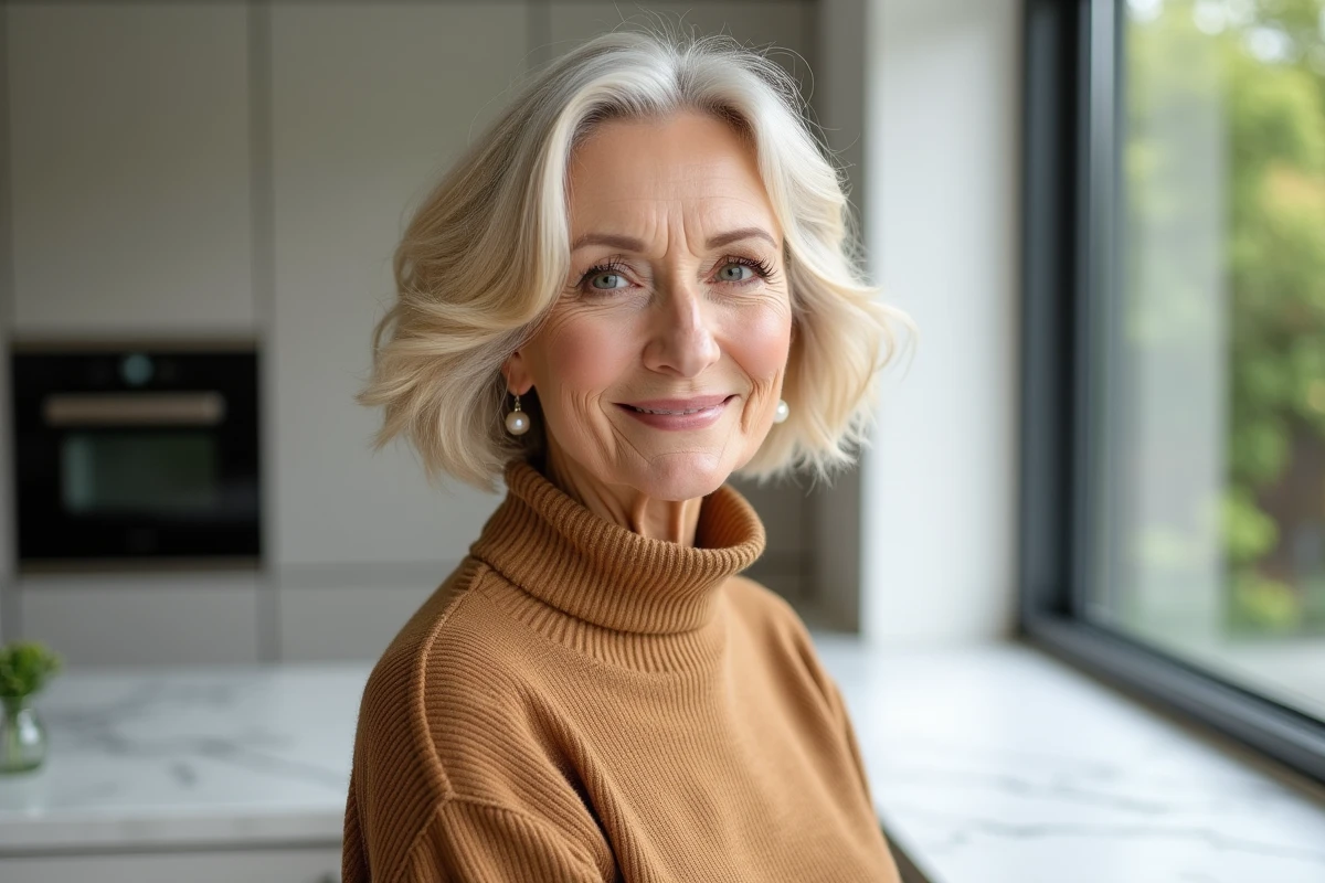 Femme élégante de 65 ans arborant un bob volumisé avec ondulations sur cheveux fins blond cendré dans une cuisine moderne