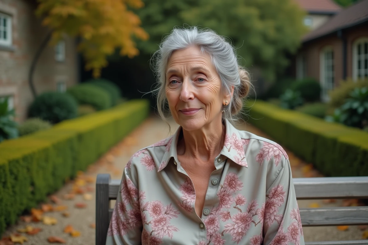 Femme de 68 ans avec un chignon souple et mèches encadrantes sur cheveux fins gris dans un jardin européen en automne