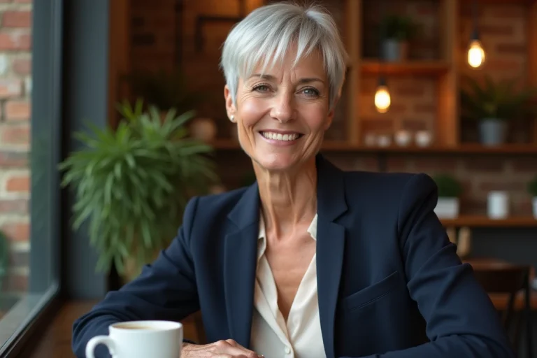 Femme de 60 ans avec une coupe pixie courte sur cheveux fins blancs argentés dans un café parisien