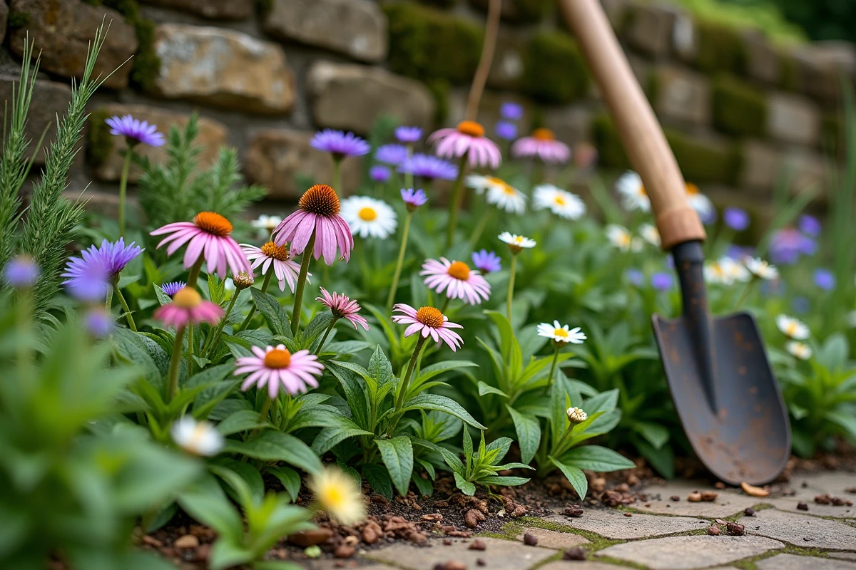 Coin de jardin naturel en fleurs avec marguerites, échinacées et graminées ornementales contre un mur en pierre