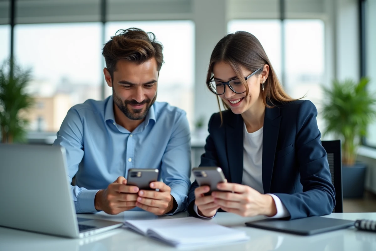 Deux collègues de bureau comparant WhatsApp Messenger et Facebook Messenger sur leurs smartphones respectifs