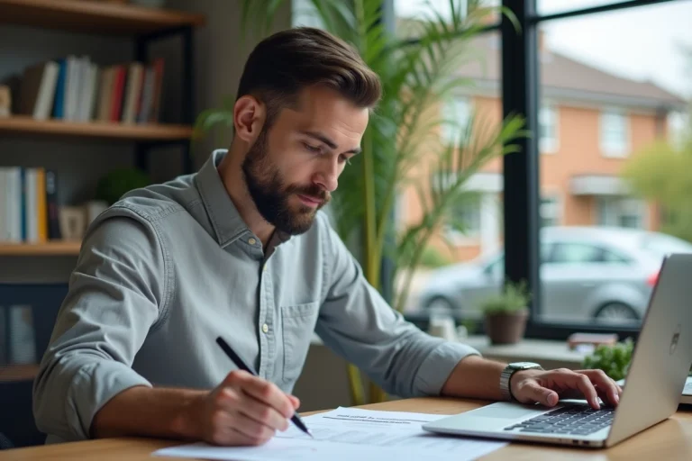 Homme comparant des offres d'assurance auto sur ordinateur à son bureau à domicile
