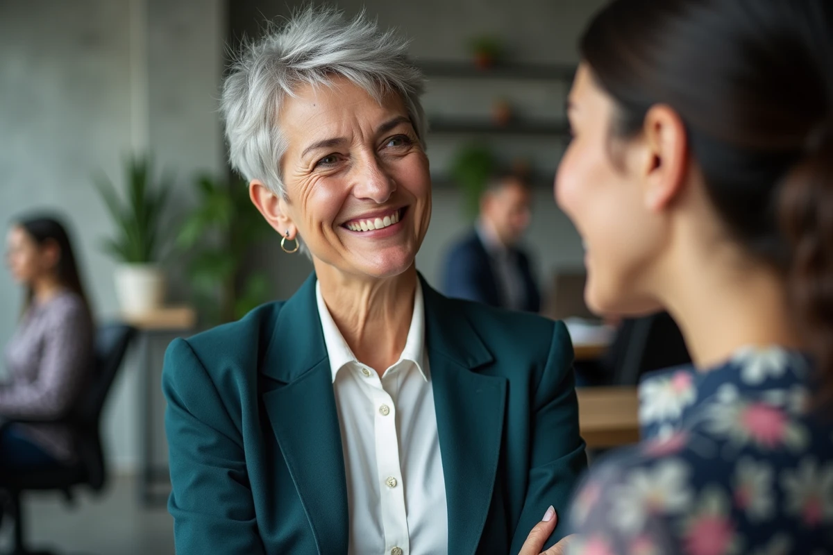 Deux collègues femmes en conversation sincère au bureau, échangeant un compliment authentique