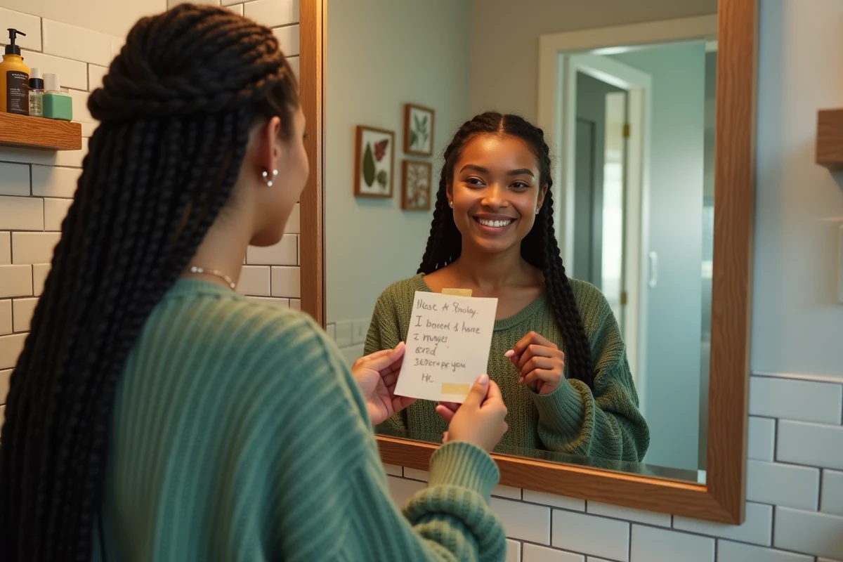 Jeune femme lisant un compliment sincère sur sa beauté collé sur son miroir de salle de bain