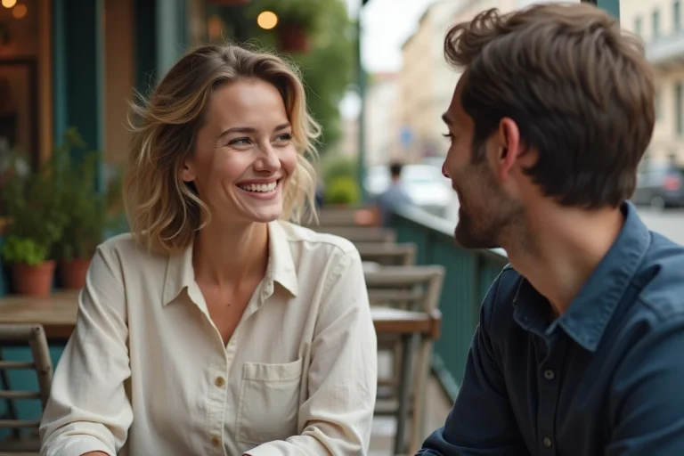 Deux amis à une terrasse de café, un homme faisant un compliment sincère à une femme souriante