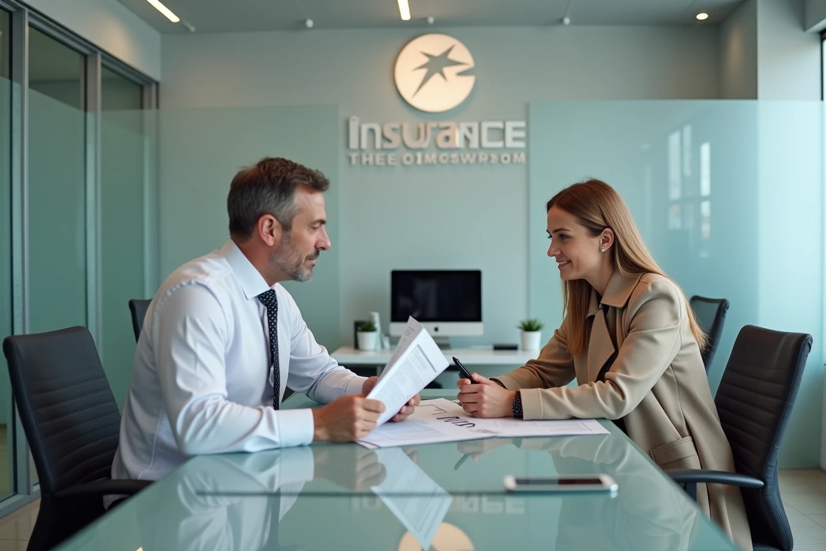 Conseiller en assurance auto expliquant un contrat à une cliente dans une agence moderne