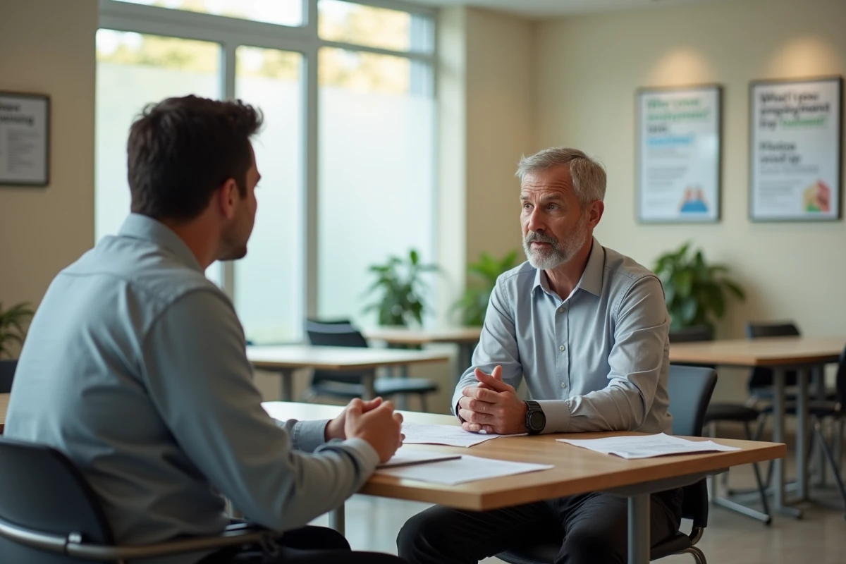 Conseiller en insertion professionnelle discutant d'une rupture de contrat CDDI avec un salarié