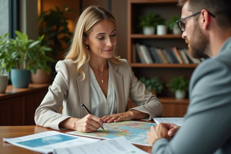 Femme élégante en réunion avec un conseiller voyage dans un bureau moderne