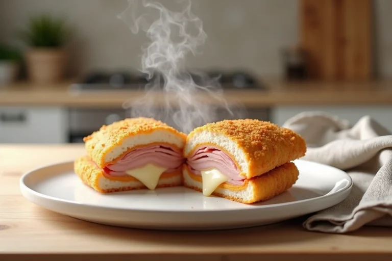 Cordon bleu cuit au micro-ondes coupé en deux révélant le fromage fondu et le jambon, servi sur une assiette blanche