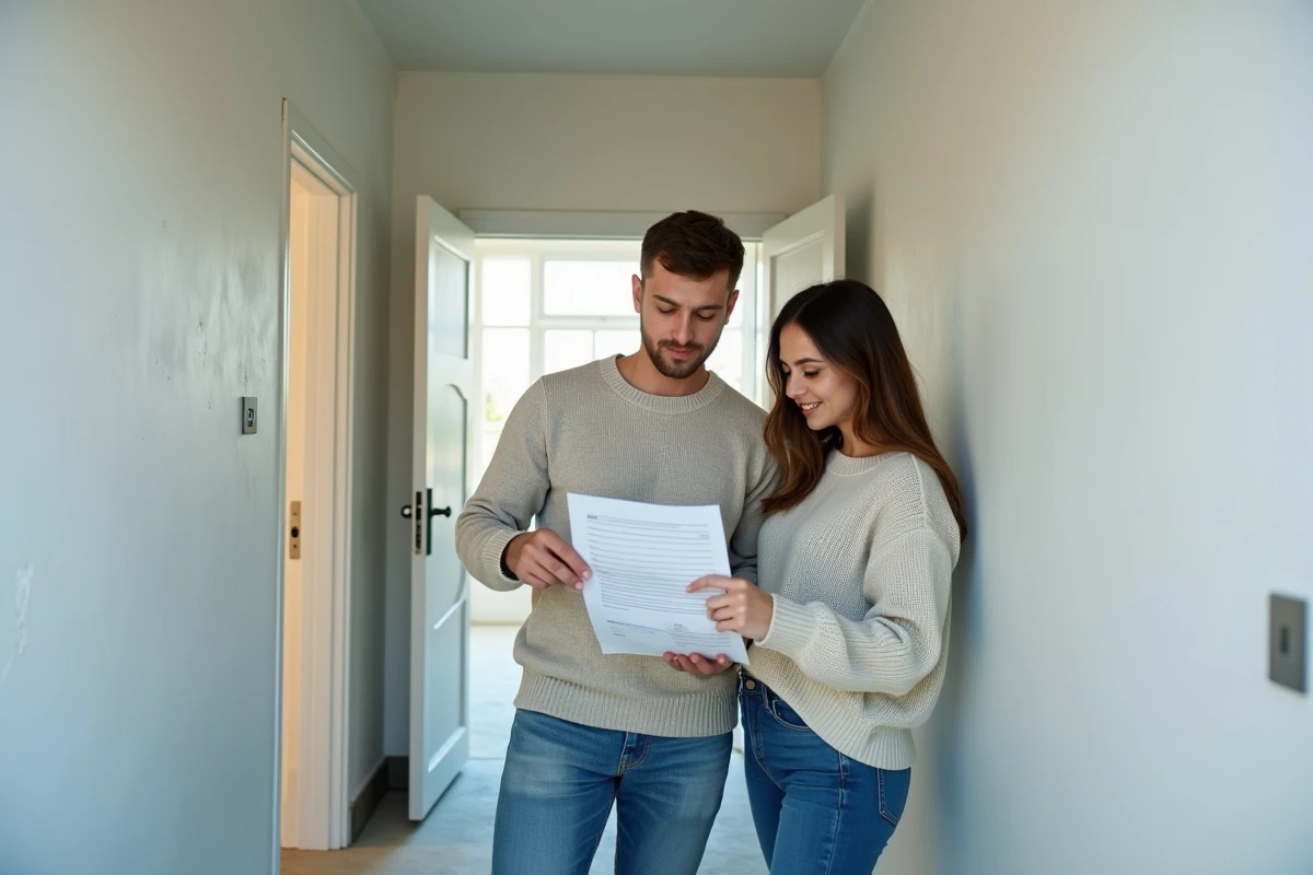Jeune couple de locataires consultant un formulaire de caution dans un couloir d'immeuble de logement social