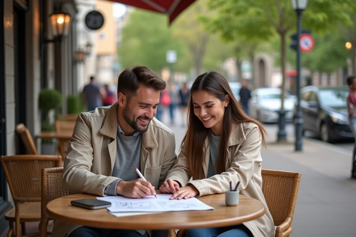 Jeune couple souriant planifiant leur voyage au café en extérieur