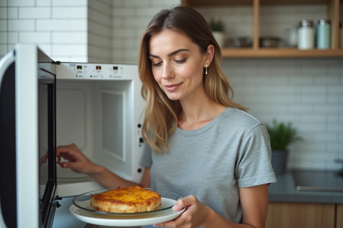 Femme plaçant un cordon bleu sur une assiette adaptée au micro-ondes pour une cuisson rapide à domicile