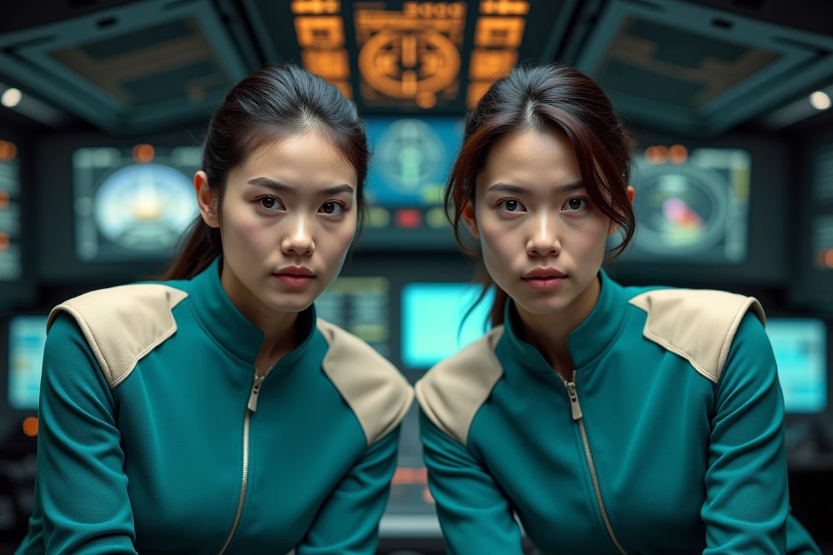 Duo de pilotes en uniformes futuristes dans un cockpit high-tech rappelant l'ambiance de la saison 2 de Darling in the Franxx