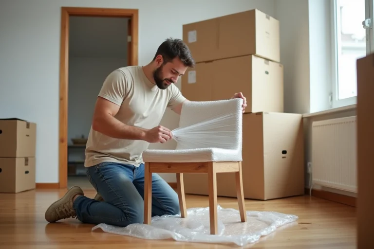 Homme emballant une chaise en bois dans un appartement lumineux