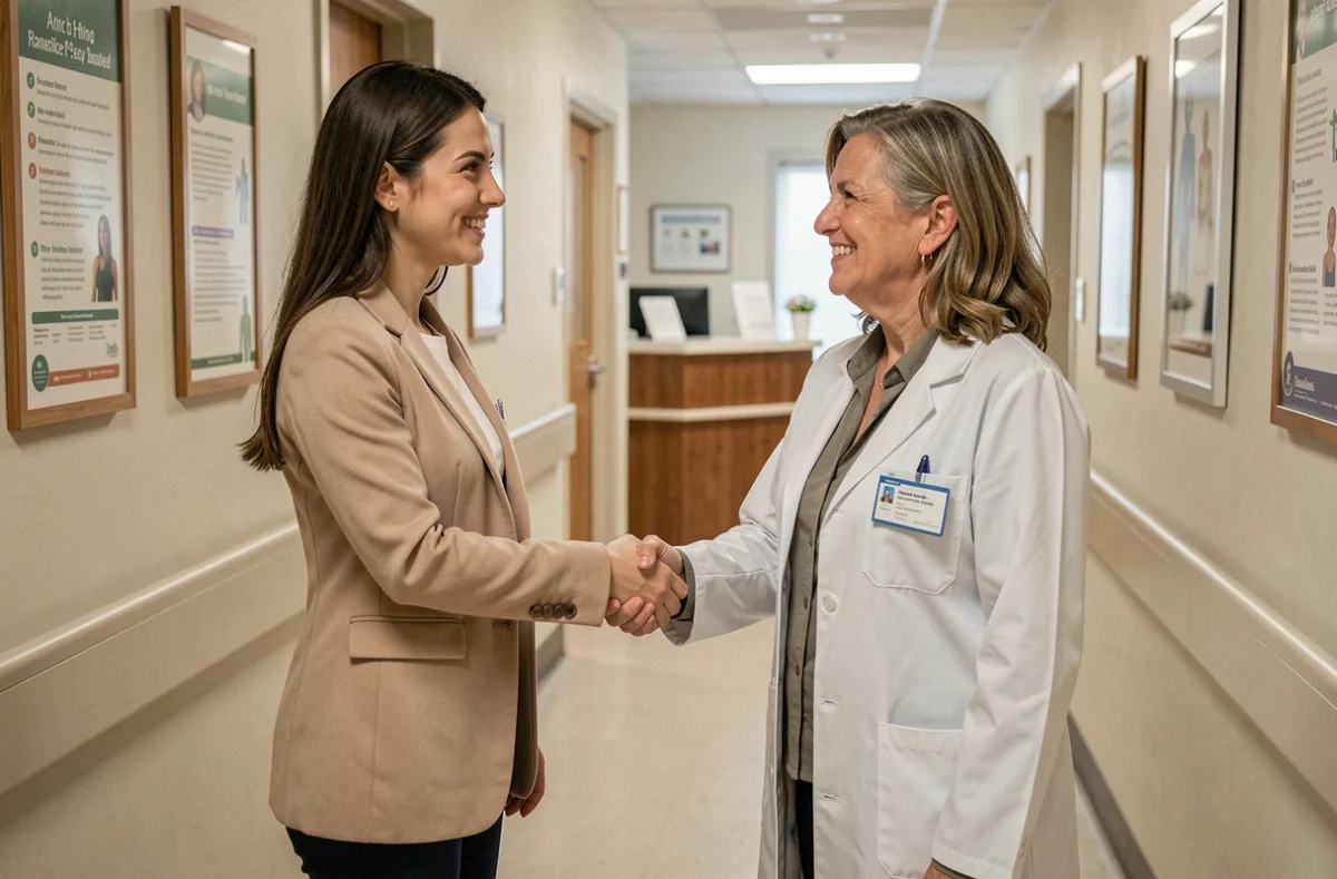 Candidate en psychologie clinique serrant la main d'une superviseure lors d'un entretien de stage dans un couloir hospitalier