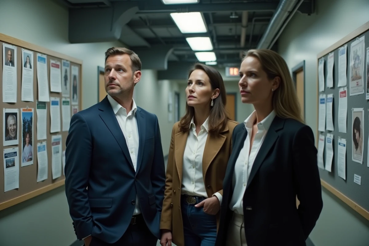 Équipe d'enquêteurs réunis dans un couloir de plateau de tournage devant un tableau de preuves dans l'univers de NCIS