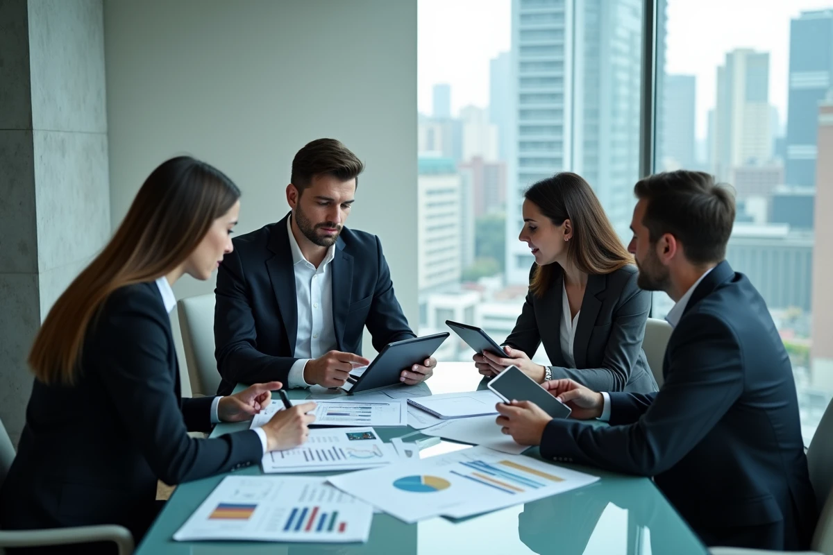 Équipe de professionnels en réunion d'affaires analysant des rapports économiques et des données de marché en salle de conférence