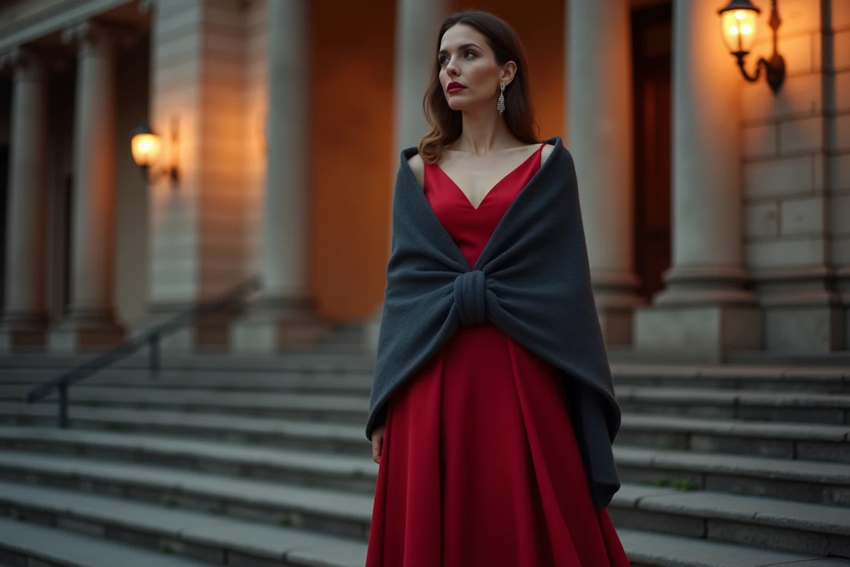Femme en robe de soirée rouge portant une étole cachemire grise devant un opéra européen