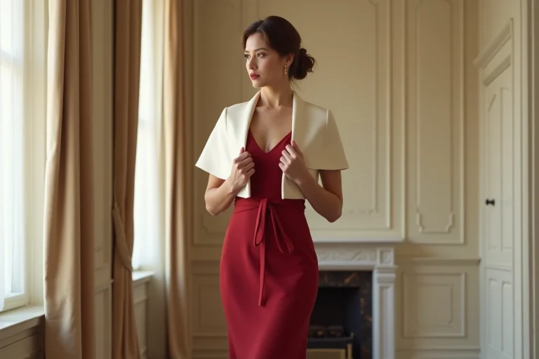Femme élégante portant une robe rouge avec une étole en soie ivoire dans un appartement parisien raffiné