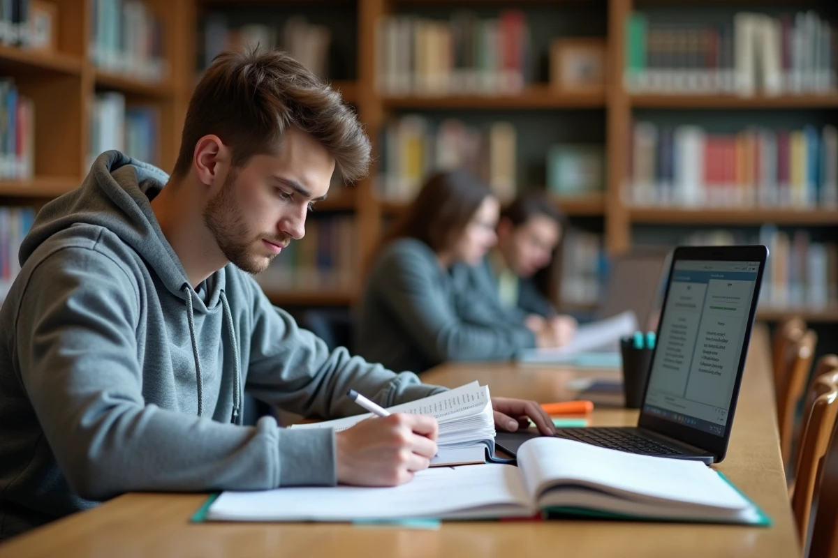 Étudiant en bac ST2S révisant des manuels de pharmacologie dans une bibliothèque universitaire pour préparer un métier de parapharmacien