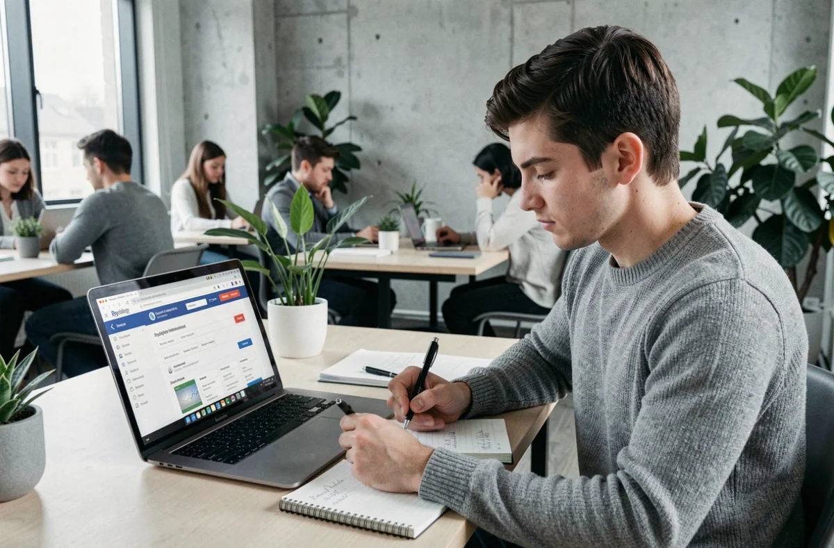 Étudiant en psychologie effectuant des recherches en ligne pour trouver un stage clinique dans un espace de coworking moderne