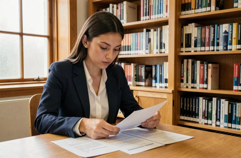 Étudiante en psychologie clinique révisant ses documents de candidature pour un stage dans une bibliothèque universitaire