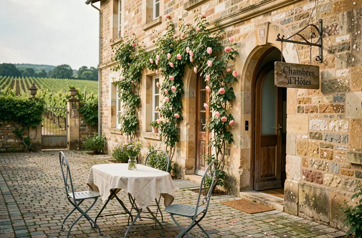 Façade en pierre d'une chambre d'hôtes de charme en Bourgogne avec enseigne, cour pavée et roses grimpantes