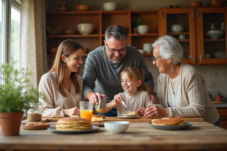 Famille multigénérationnelle réunie dans une cuisine chaleureuse préparant des crêpes ensemble le matin