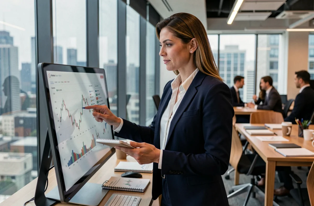 Femme d'affaires analysant des tendances économiques sur écran tactile dans un bureau moderne en 2024