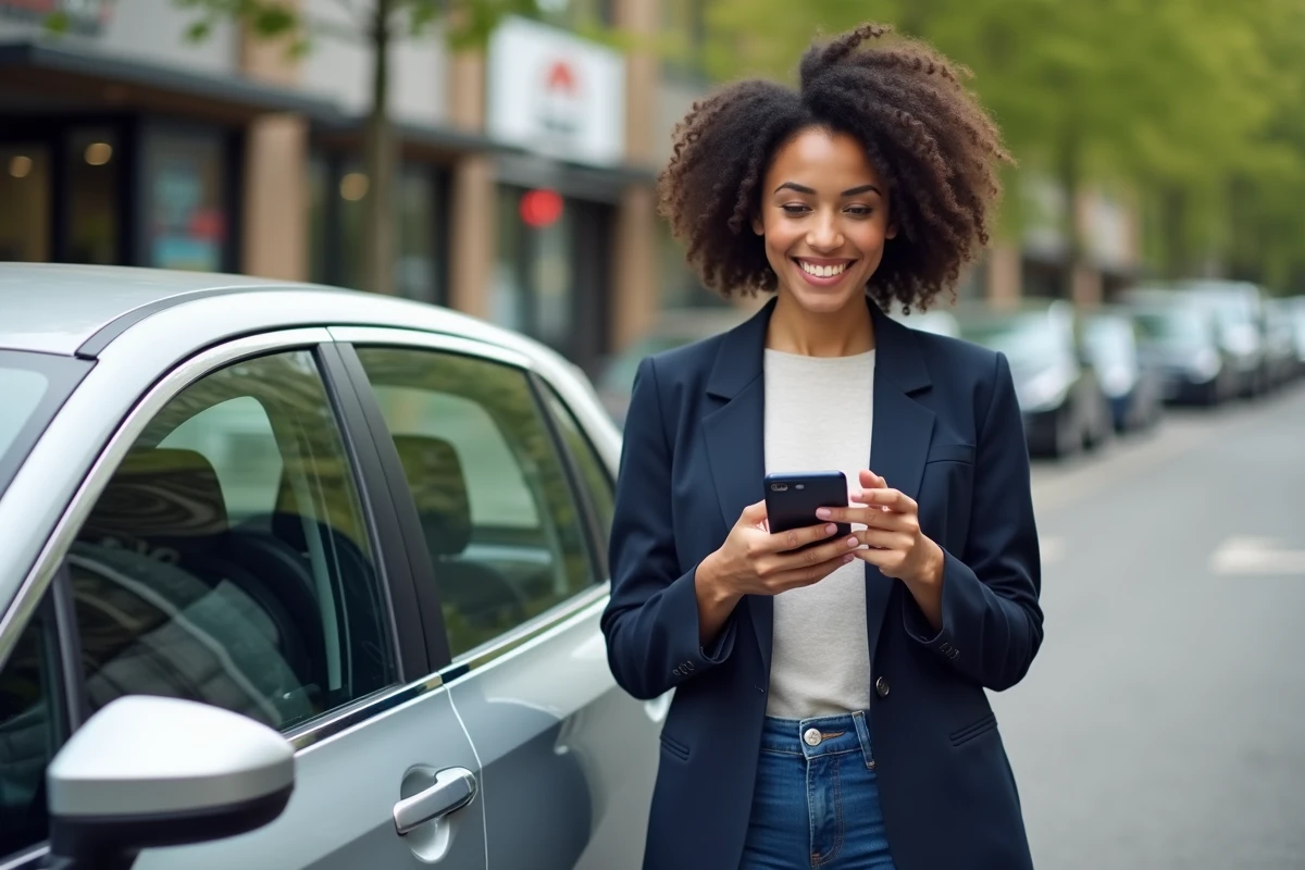 Femme souriante tenant un smartphone avec une application d'assurance auto devant sa voiture