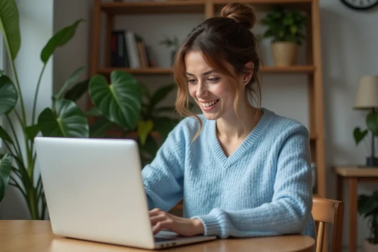 Femme souriante utilisant un ordinateur pour consulter un site santé