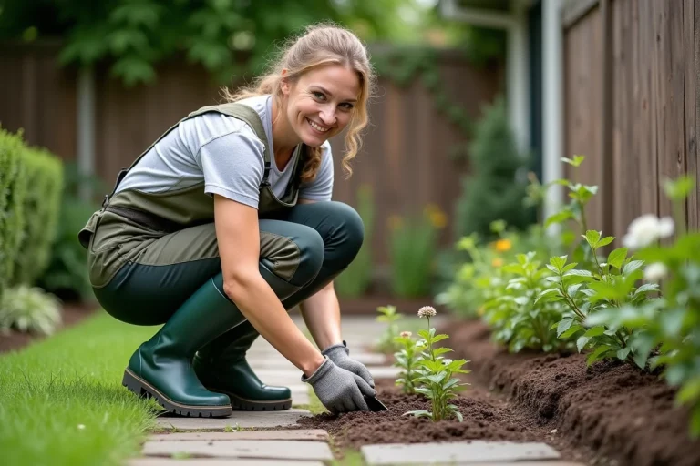 Femme en jardinage plantant des perenes dans un jardin verdoyant