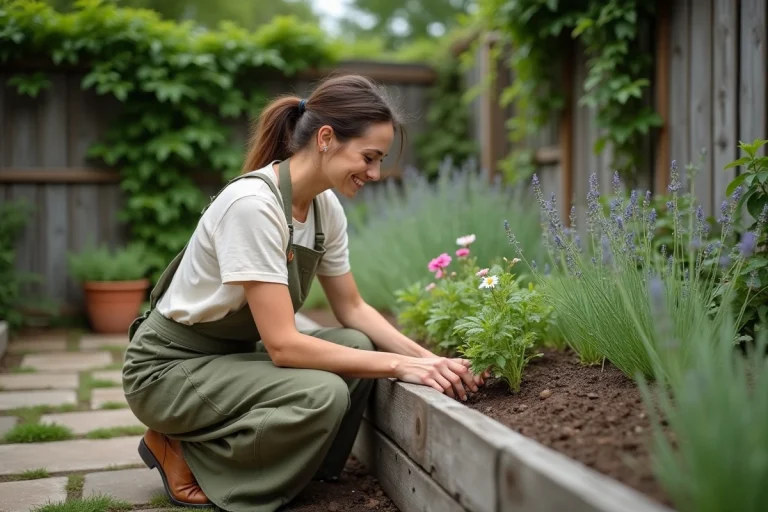 Femme jardinant dans un potager en bois entouré d'herbes aromatiques et de roses grimpantes dans un jardin naturel