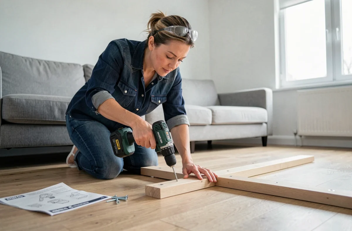 Femme utilisant une perceuse sans fil pour assembler des meubles en kit dans un salon moderne