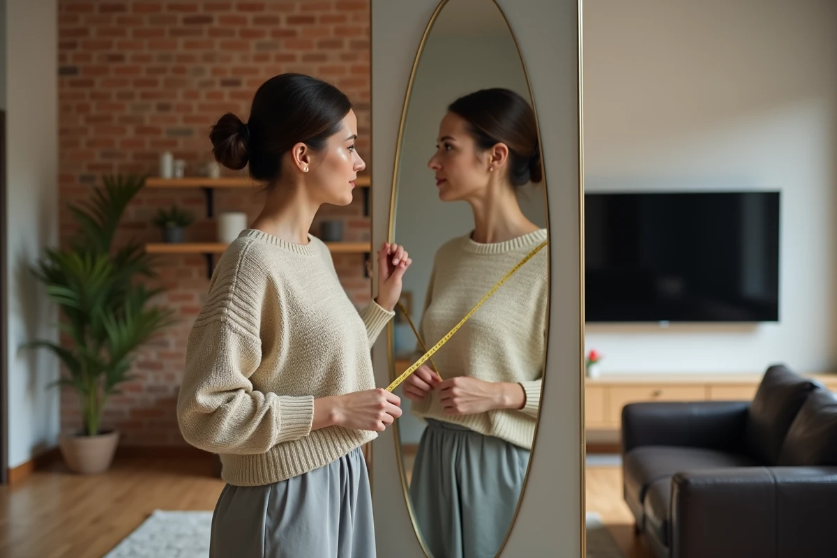 Femme mesurant l'emplacement d'un miroir face à la télévision dans un salon avec briques apparentes