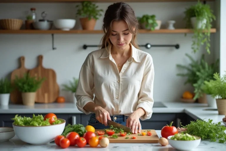 Jeune femme préparant une salade colorée dans une cuisine moderne