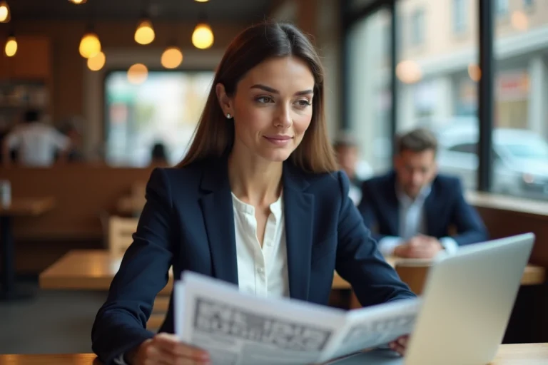 Femme professionnelle lisant les actualités économiques dans un café moderne avec un ordinateur portable ouvert