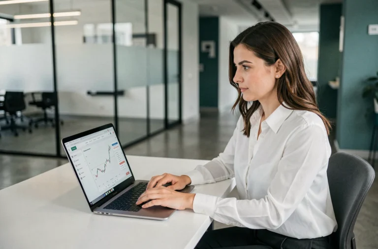 Femme professionnelle utilisant l'interface de Boursobank sur un ordinateur portable dans un bureau moderne