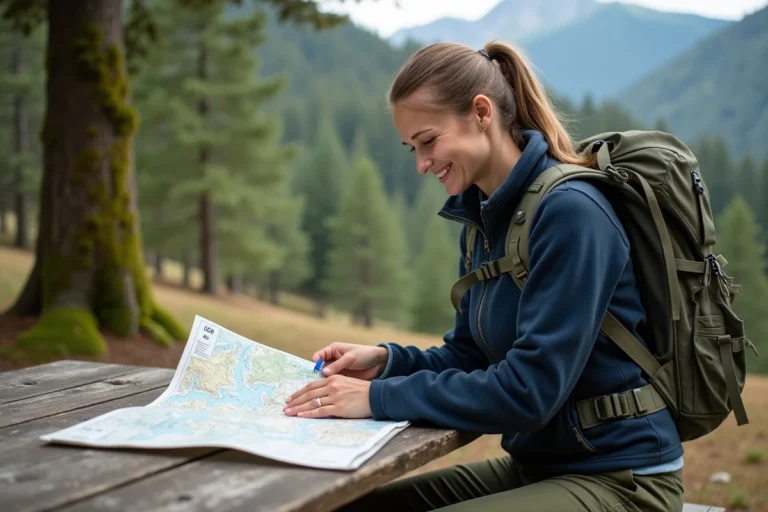 Femme souriante étudie une carte IGN en plein air