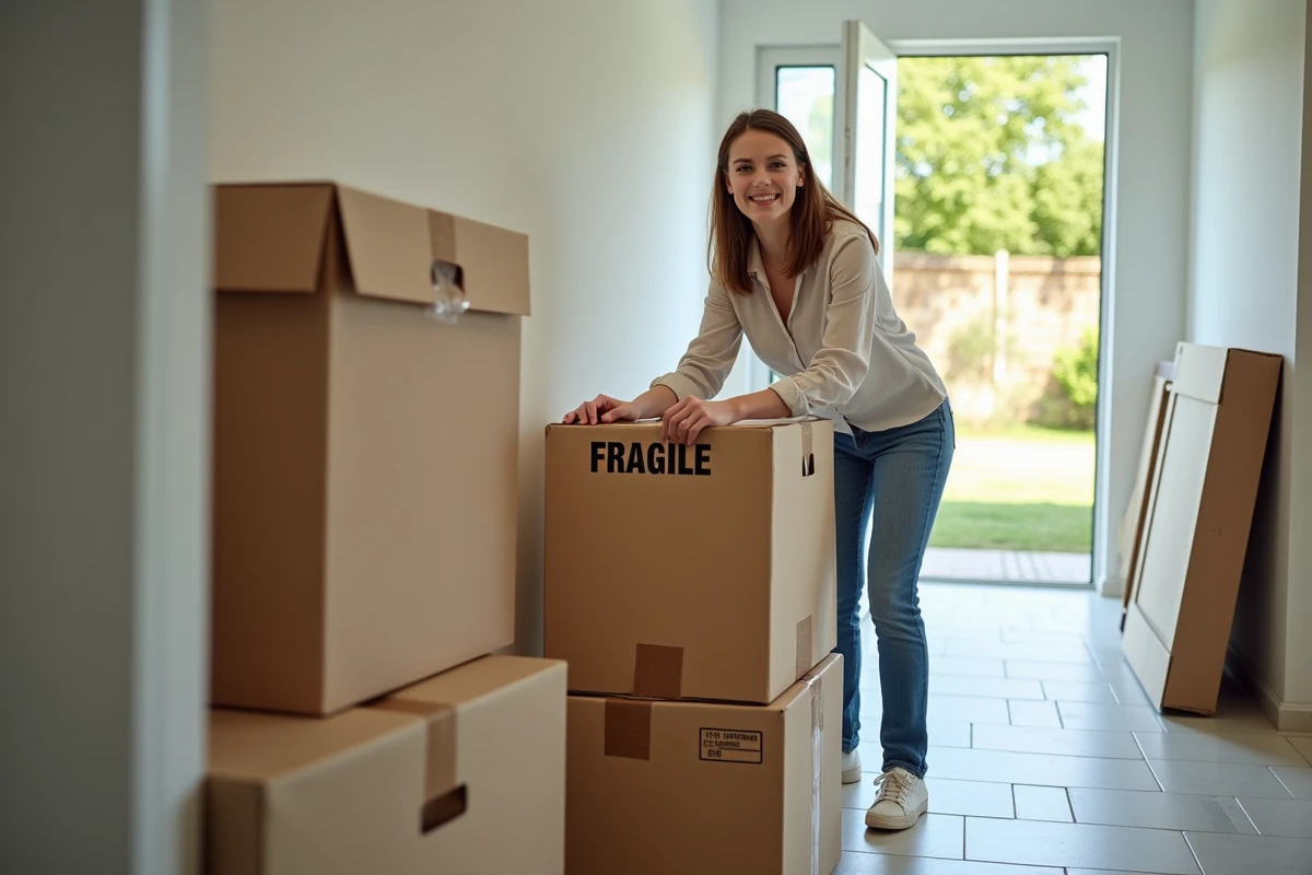 Jeune femme scotchant une boîte fragile dans l