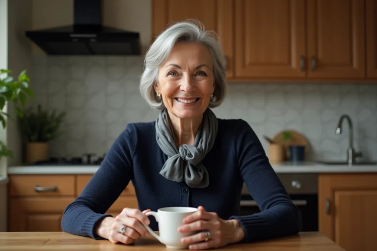 Femme senior souriante avec pull en cachemire et tasse