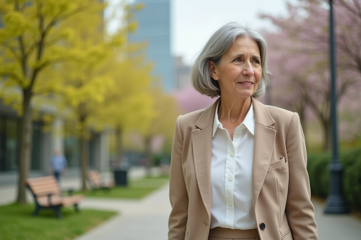 Femme active en blazer marchant dans un parc printanier
