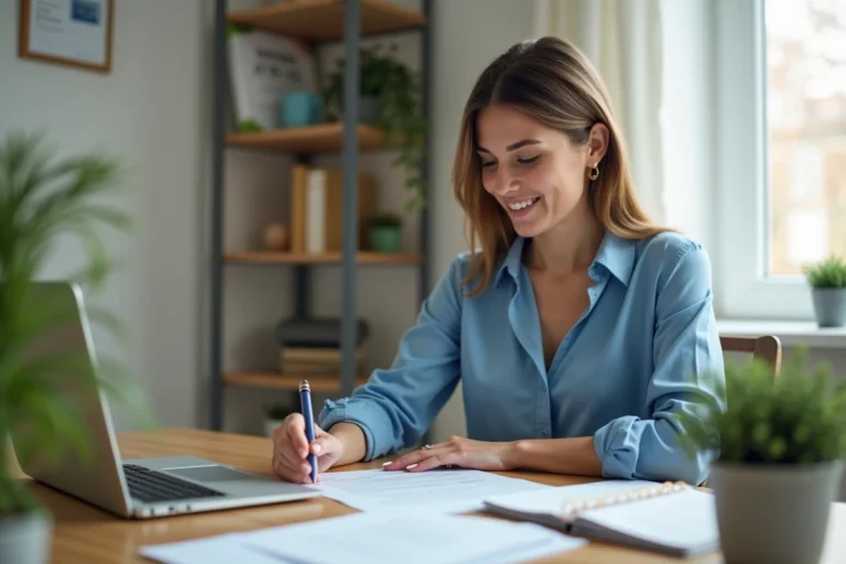 Femme signant un formulaire Cerfa 13757 dans un bureau lumineux